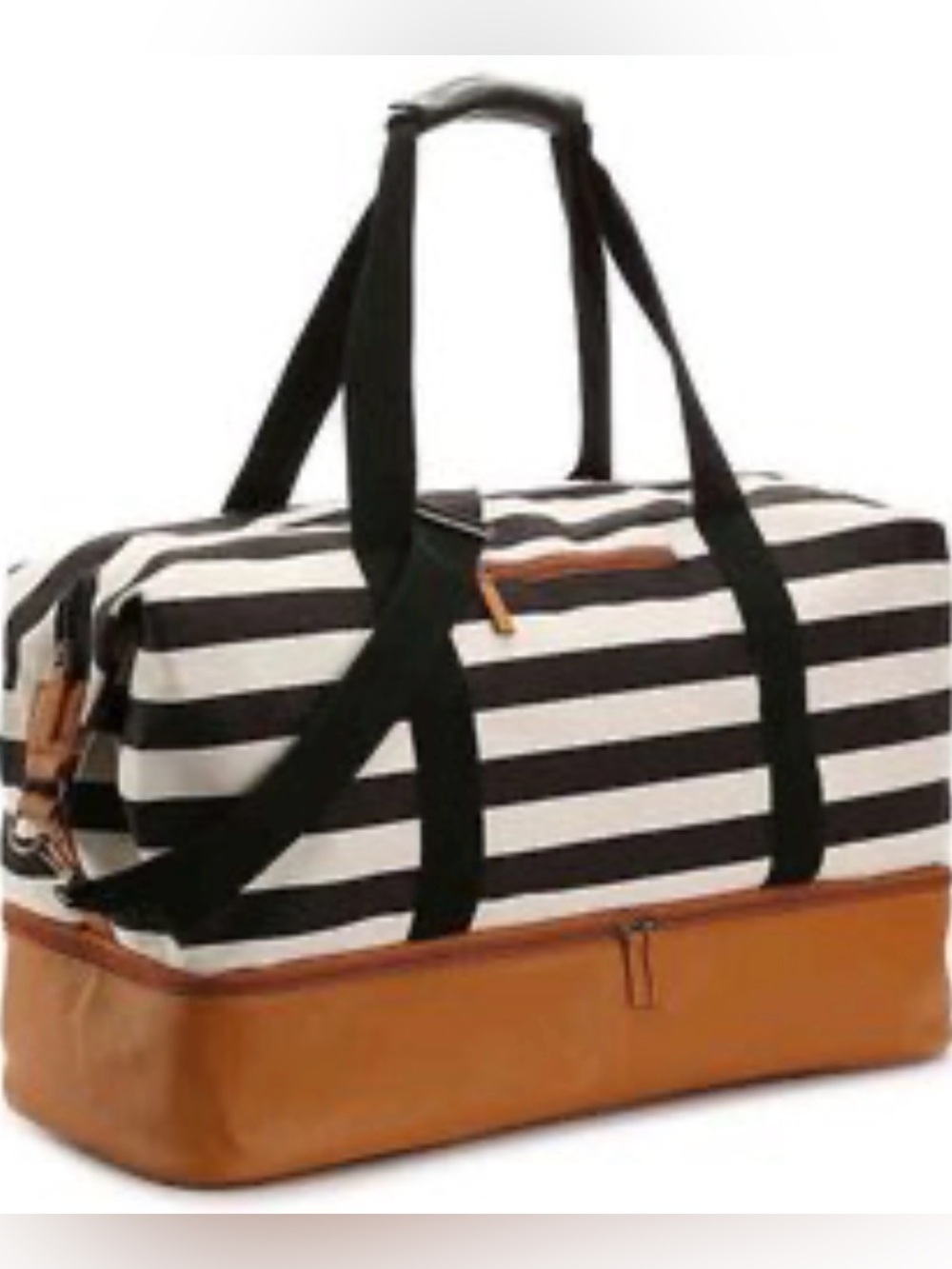 DSW Striped Black & White Travel Duffel with Tan Leather Base